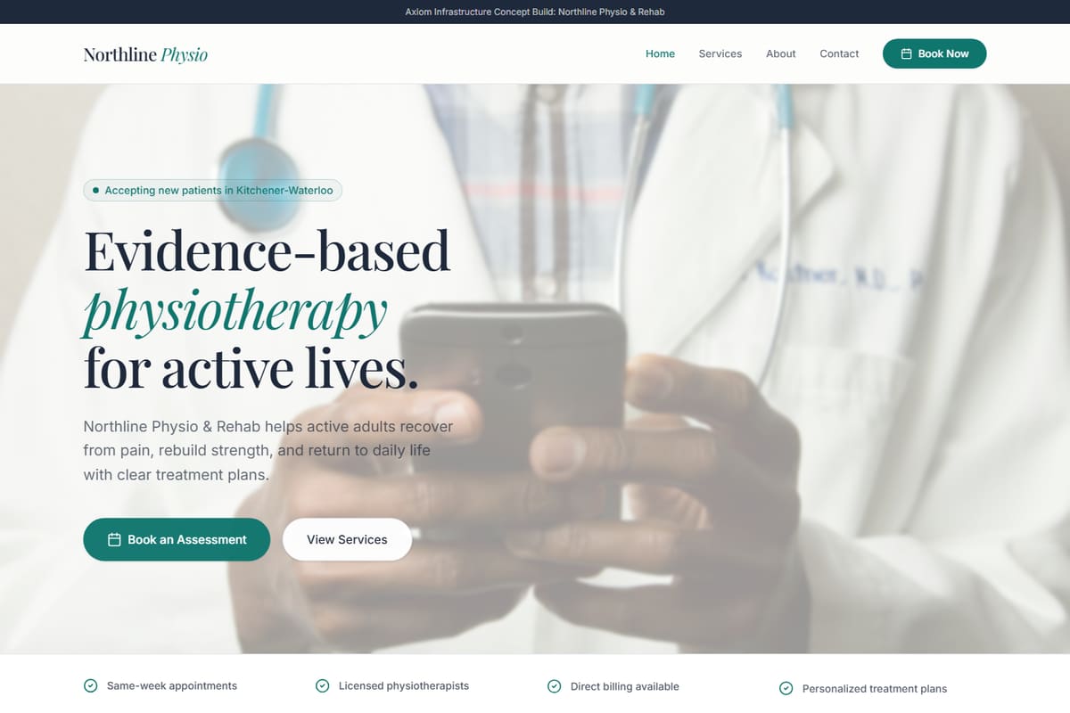 Physiotherapy clinic concept site with clear treatment paths and patient booking