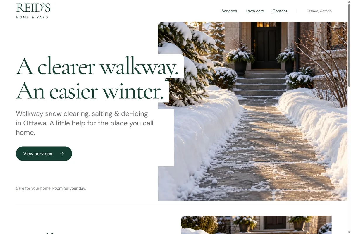 Reid’s Home & Yard website home page with the headline “A clearer walkway. An easier winter.” beside a cleared, snowy front walkway